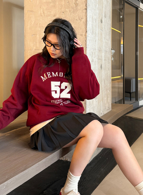 CV大码女装 冬季新款美式圆领撞色字母加绒卫衣安可拉红上衣胖MM