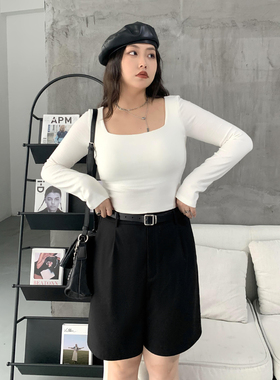 CV大码女装 春季新款简约方领带胸垫针织打底衫V领长袖T恤女胖MM