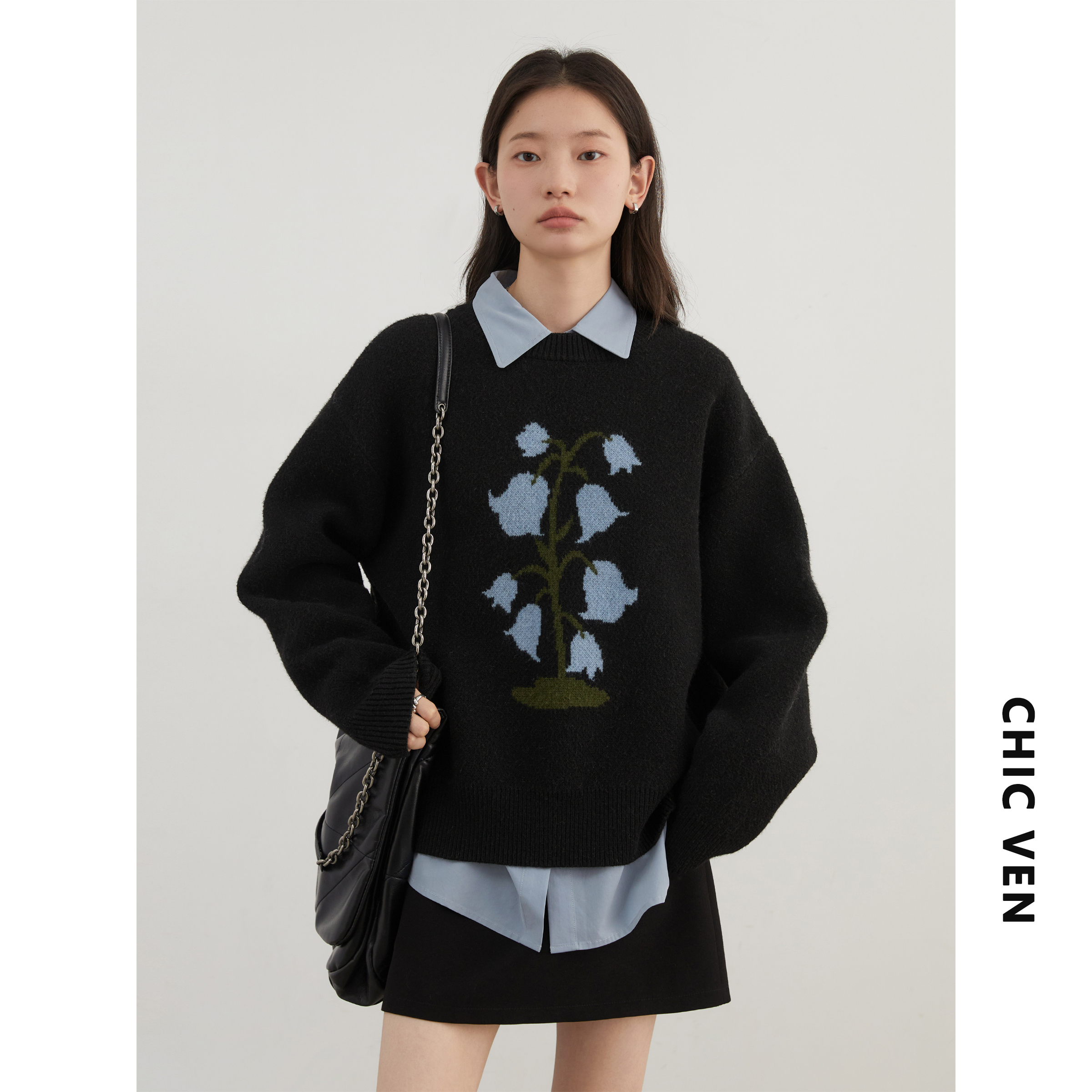 CV大码女装 冬季新款简约圆领花朵羊绒毛衣保暖加厚针织衫胖MM女