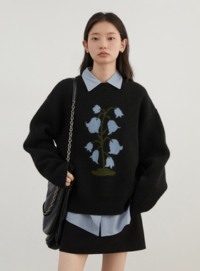 CV大码女装 冬季新款简约圆领花朵羊绒毛衣保暖加厚针织衫胖MM女