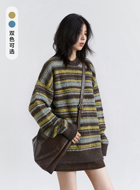 CV大码女装 秋冬新款慵懒感圆领撞色条纹毛衣长袖毛针织衫上衣女