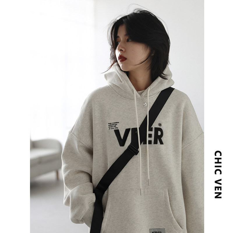 CV大码女装2026春新款美式复古灰色连帽卫衣女士oversize外套胖mm