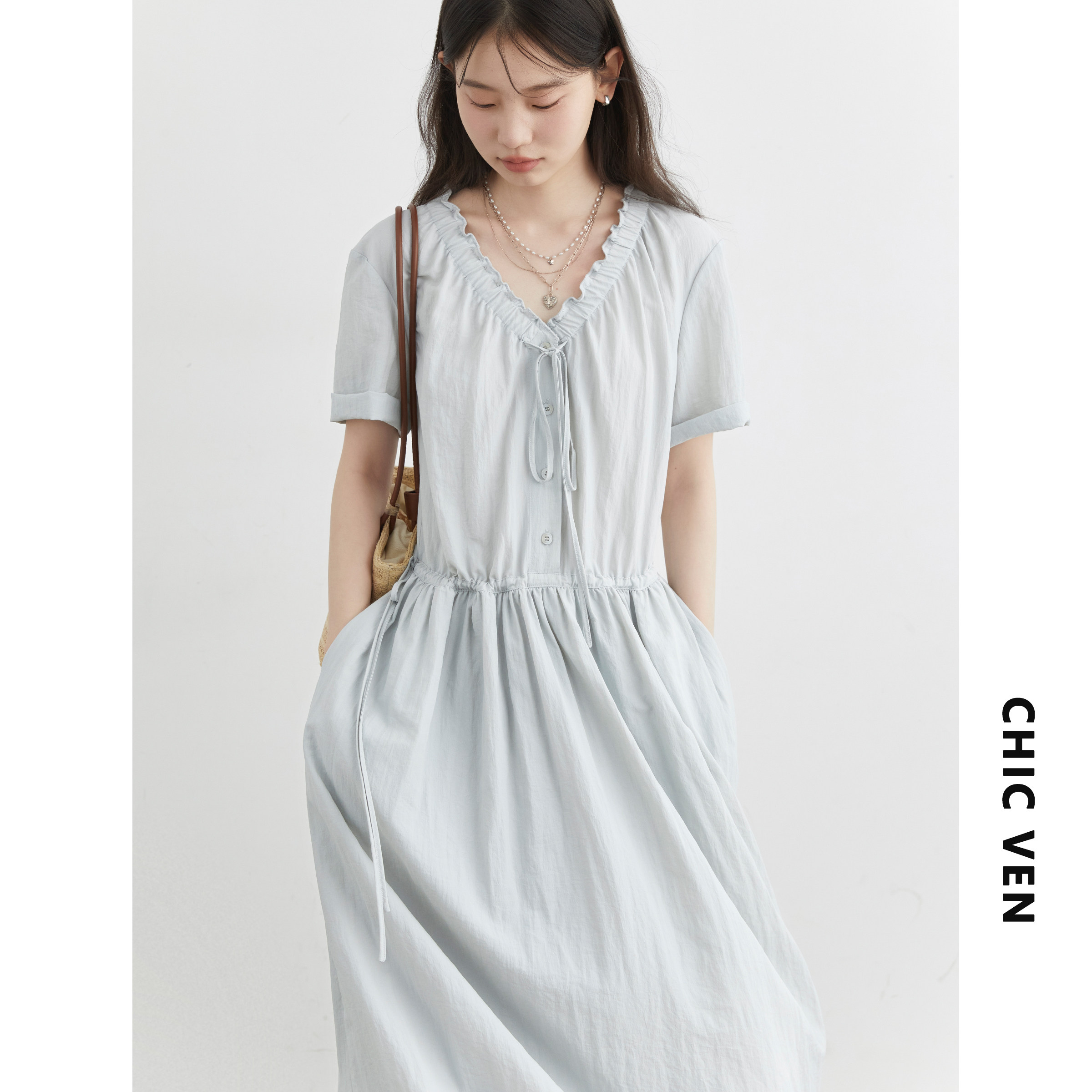 CV大码女装法式系带连衣裙胖mm