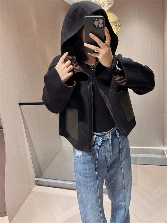 新款真皮口袋拉链连帽双面羊绒羊毛混纺宽松短款夹克外套大衣女
