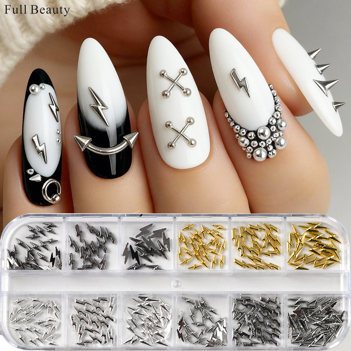 12格盒金银闪电美甲饰品铆钉混合装珍珠蝴蝶结花指甲diy装饰配件,彩妆/香水/美妆工具,指甲装饰,淘宝优惠券,粉丝福利购,淘宝优惠卷