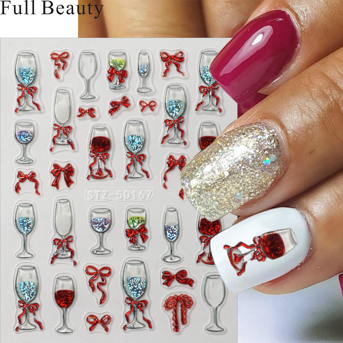 5D浮雕红色酒杯美甲贴纸新年情人节蝴蝶结5d爱心卡通手表指甲贴