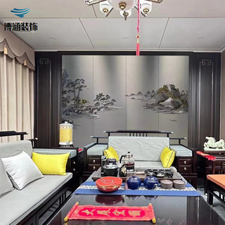 现代中式山水客厅电视沙发卧室床头刺绣背景墙玄关格栅木饰面硬包