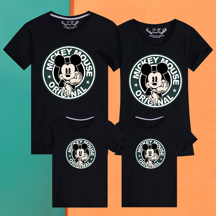 2024 새로운 트렌디 미키 폭탄 거리 부모-자식 의류 여름 가족 3 4인 가족 의류 여행 활동 엄마와 아이 옷 T