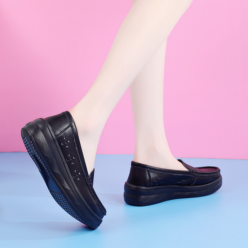 夏季护士鞋女软底透气舒适不累脚镂空防滑防臭平底真皮黑色工作鞋