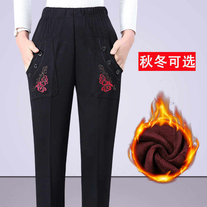 绣花奶奶加绒松紧中老年女裤高腰