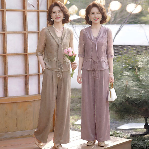 母亲节妈妈装夏季七分袖蕾丝套装