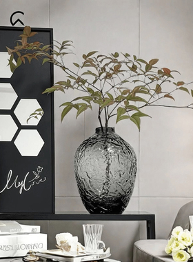 现代简约皱褶锤纹大肚小口玻璃花器客厅桌面玄关插花瓶装饰品摆件