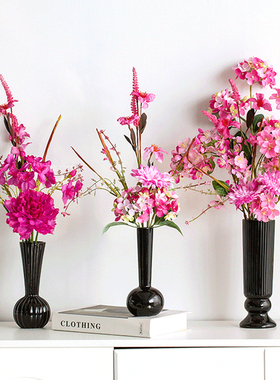 现代简约高颜值欧式中古风亮光纯黑色陶瓷花器餐厅桌面装饰品摆件