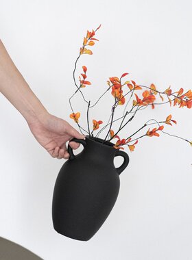 极简黑白双耳陶罐花瓶插花摆件