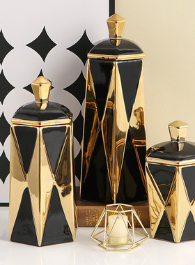 欧式奢华黑金色几何六角陶瓷罐