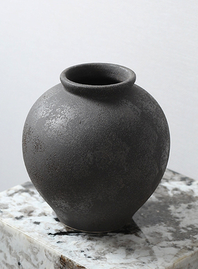 现代简约中式禅意日式侘寂风大圆肚复古哑光釉黑色粗陶罐装饰摆件
