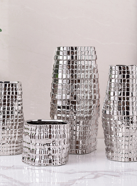 现代简约轻奢几何马赛克小方块电镀金色银色陶瓷组合花器装饰摆件