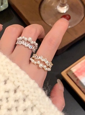 包邮星河璀璨满天星仿珍珠双层开口戒指女时尚个性百搭S925镀银食