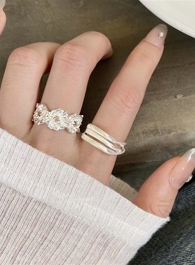 包邮甜美褶皱小花朵戒指女气质独特个性叠戴百搭S925镀银开口食指