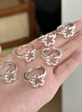 S925银饰品指尖生花镂空花朵戒指女一点红精致优雅轻奢开口指环小