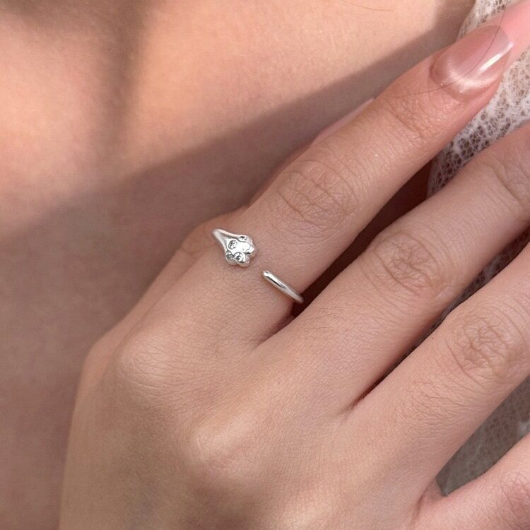 S925银饰品萌趣猫爪戒指女简约时尚气质百搭开口指环雾面哑光ins