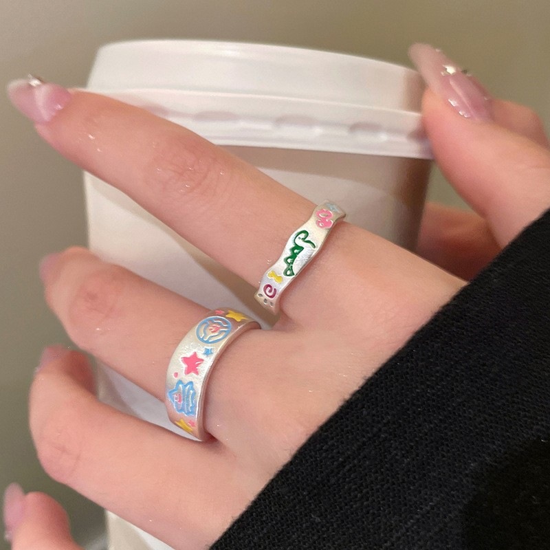 包邮彩绘星星字母戒指女小众设计可爱撞色食指戒开口可调节叠戴指