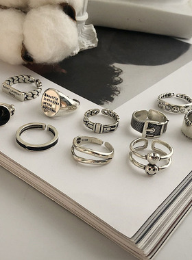 日韩潮流组合叠戴戒指女925镀银ins个性百搭嘻哈风学生开口食指环