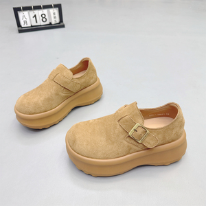 真皮女鞋2025秋新款欧货厚底增高6CM博肯鞋魔术贴松糕乐福袋鼠鞋