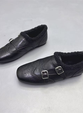 头层牛皮软底加绒小皮鞋女棉鞋2025冬新款复古皮带扣雕花布洛克鞋