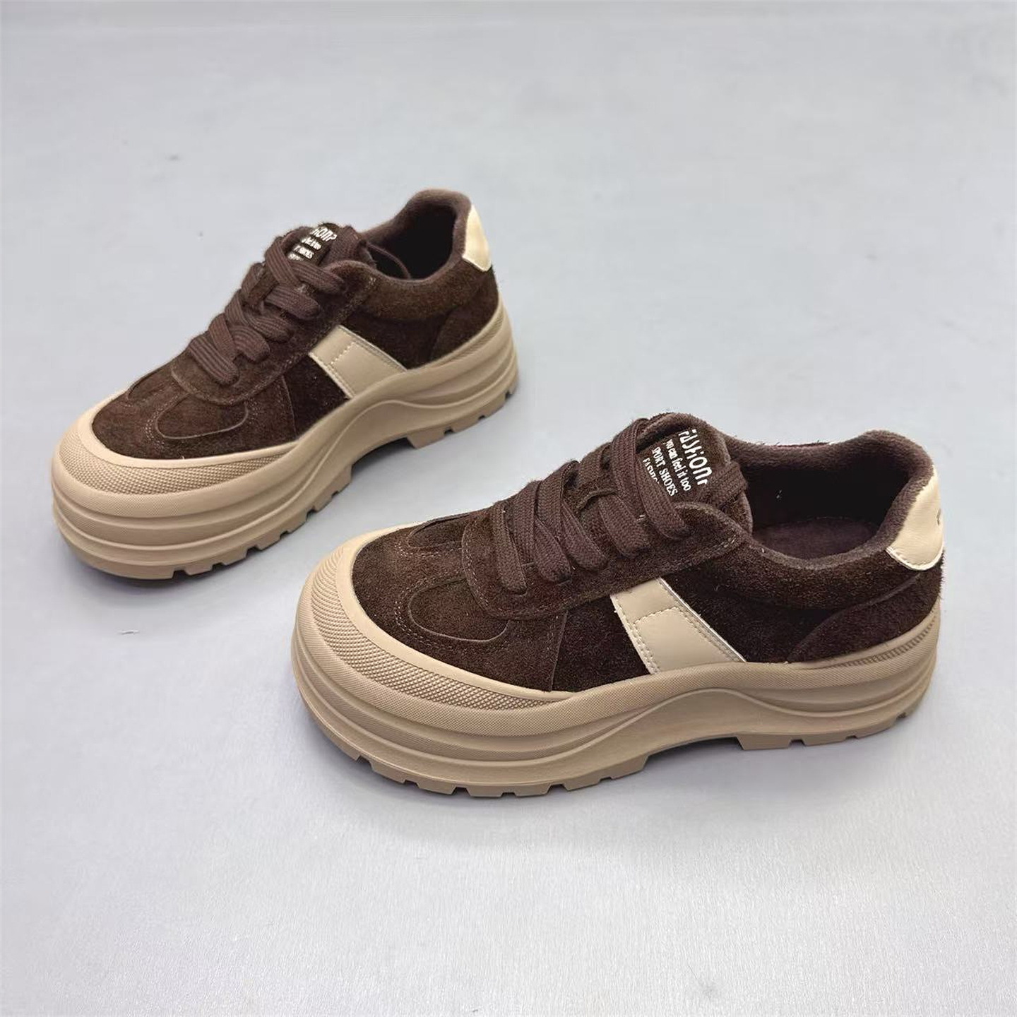 真皮女鞋加绒圆头厚底增高德训鞋