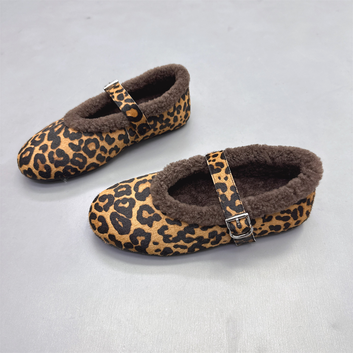 法式软底马毛豹纹羊羔绒芭蕾舞鞋