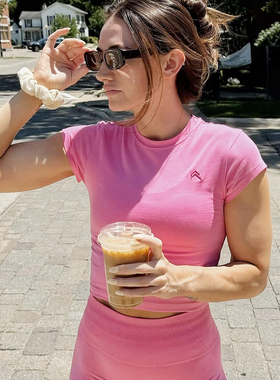 Oneractive新品女短袖T恤圆领磨毛瑜伽服户外休闲上衣训练健身服