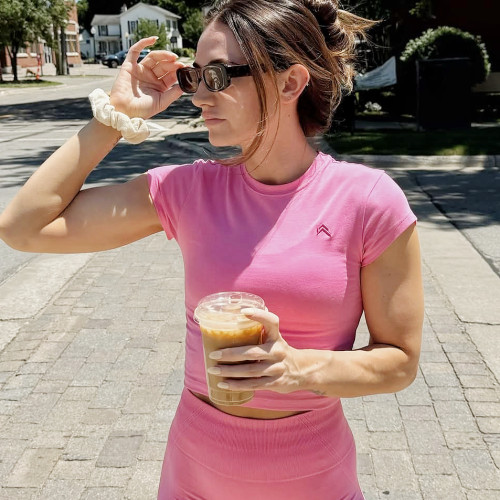 Oneractive新品女短袖T恤圆领磨毛瑜伽服户外休闲上衣训练健身服