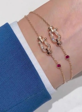 手链FRED弗雷德幸运绳马蹄手链镀红钻玫瑰金手饰