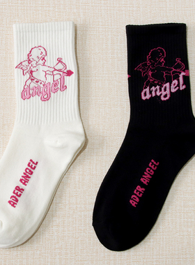 2025新款ADER ANGEL天使黑白色ins潮牌袜子男女纯棉情侣运动长袜