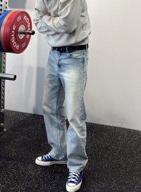 【卡秋山】冰蓝怀旧505康龙水洗美式复古磨破牛仔裤直筒休闲宽松
