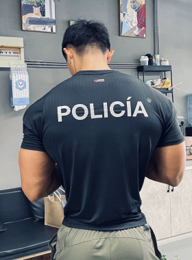 【卡秋山】美式警长收袖口条子速干短袖夏季运动健身弹力训练T恤