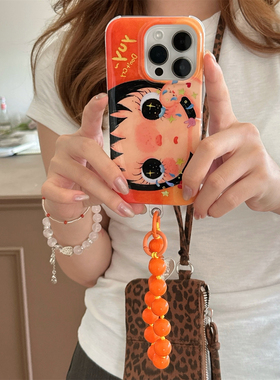 橙色亮片大眼女孩适用iPhone17苹果16Promax手机壳15Pro女14双层亚克力13防摔套17Promax潮16卡通漫画16