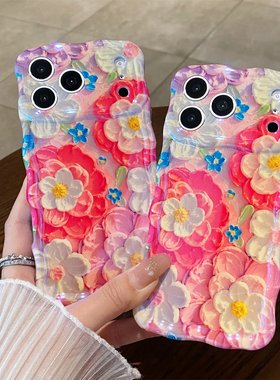 ins风红色油画花朵波浪iPhone17适用苹果17Promax手机壳15新款14硅胶双层16Promax保护套13日韩16女款