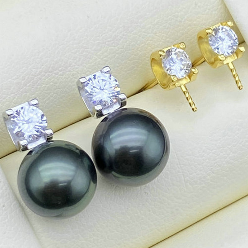 s925纯银珍珠耳钉托牛头单钻款