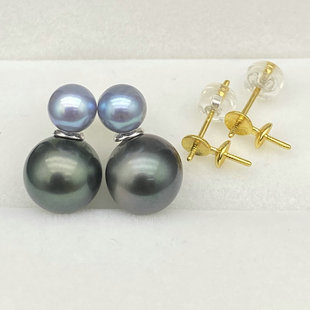 7mm圆扁 配5 DIY配件s925纯银珍珠耳环空托通体银双珠耳钉托个性 款