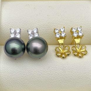 DIY配件s925纯银珍珠耳环空托配件通体银蜜蜡耳钉戴妃耳坠托手工