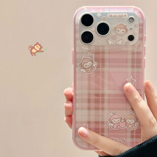 新款适用iPhone17ProMax手机壳16苹果15可爱粉色格纹小众猴子卡通