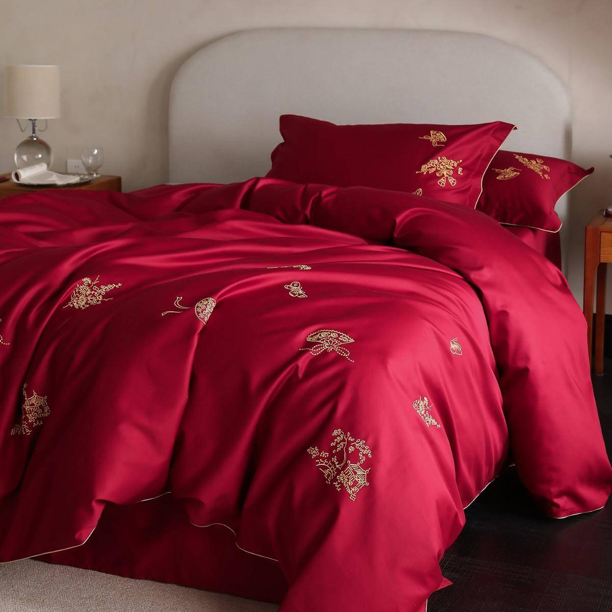 100S高支结婚庆小清新日用全棉四件套大红色金线刺绣纯棉床上用品