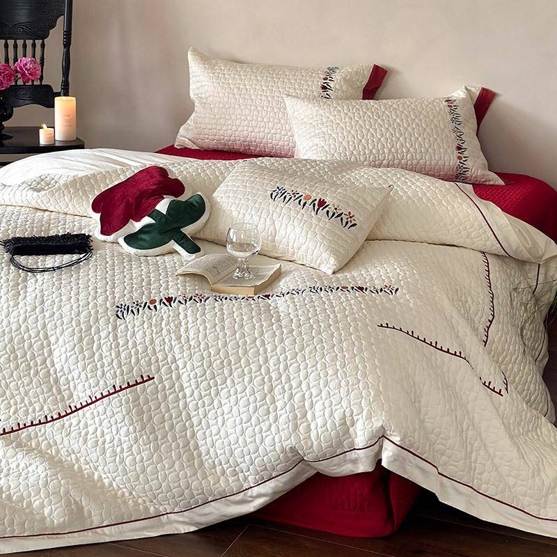 小清新花刺绣100长绒棉纯棉主卧室四件套被套床单床盖婚床上用品