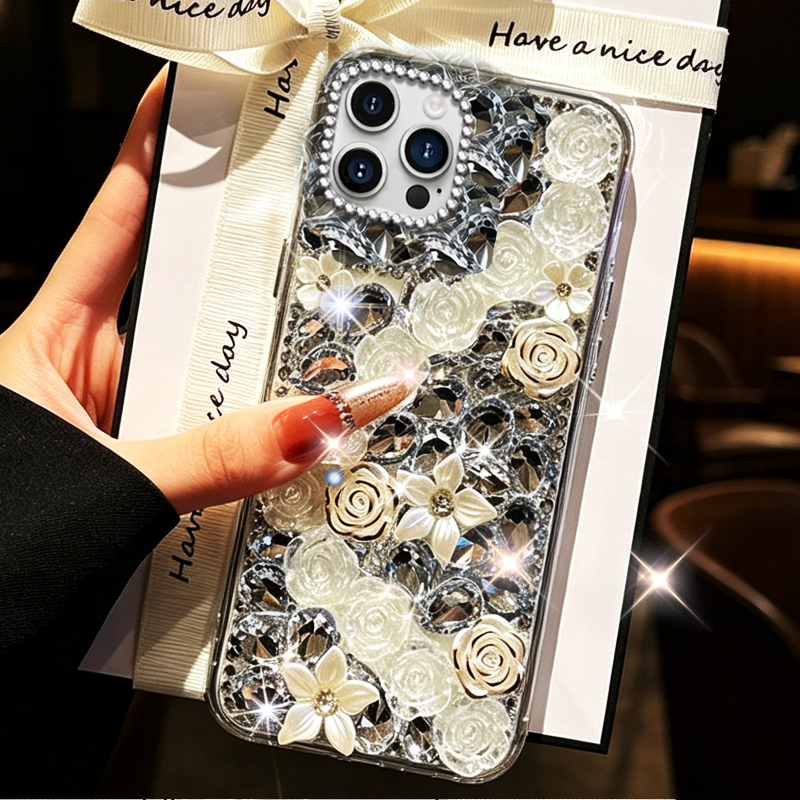 轻奢满钻繁花适用苹果iPhone14ProMax手机壳镶钻8巨好看11高级感16小众17Pro女款12网红11Pro硅胶6水钻Air