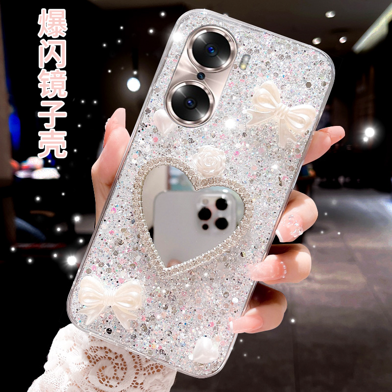 透明爆闪领结带镜子适用华为荣耀60手机壳新款70PRO硅胶50SE防摔HI NOVA9曲屏MATE40高级感MT30外壳P40/P30女