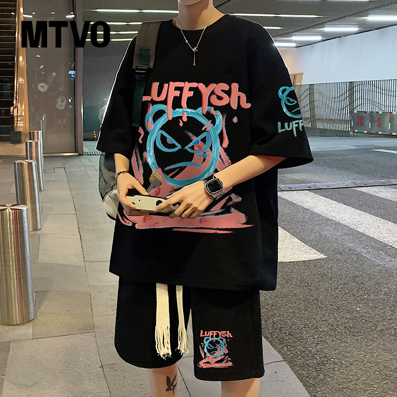 华夫格冰丝短袖t恤男款夏季薄款宽松青少年上衣男生休闲运动套装