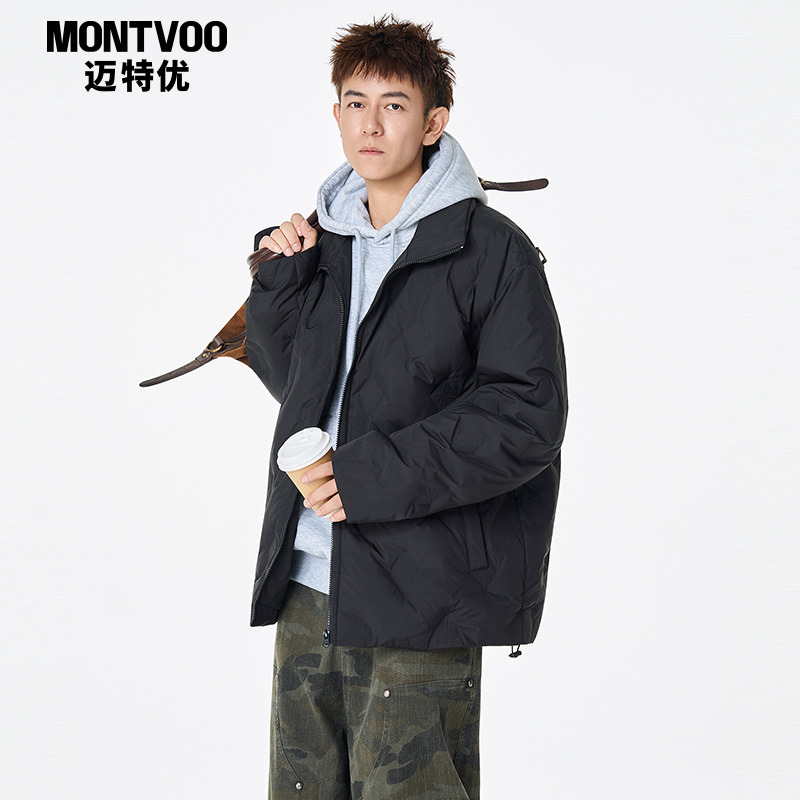 迈特优黑色菱格立领棉服男冬季潮牌宽松加厚保暖棉衣休闲情侣外套