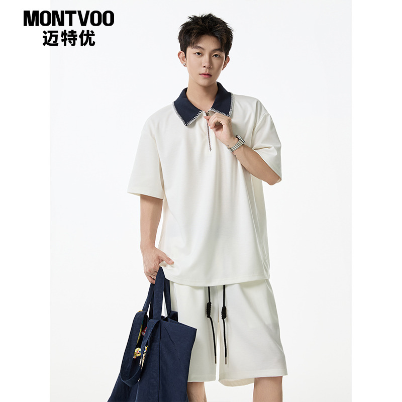 【潮男必备】半拉链短袖短裤套装